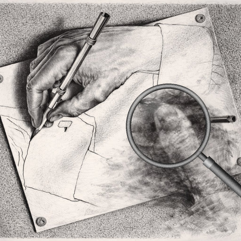 Escher-style drawing hands, one dissolved into smudge, examined under a magnifying glass